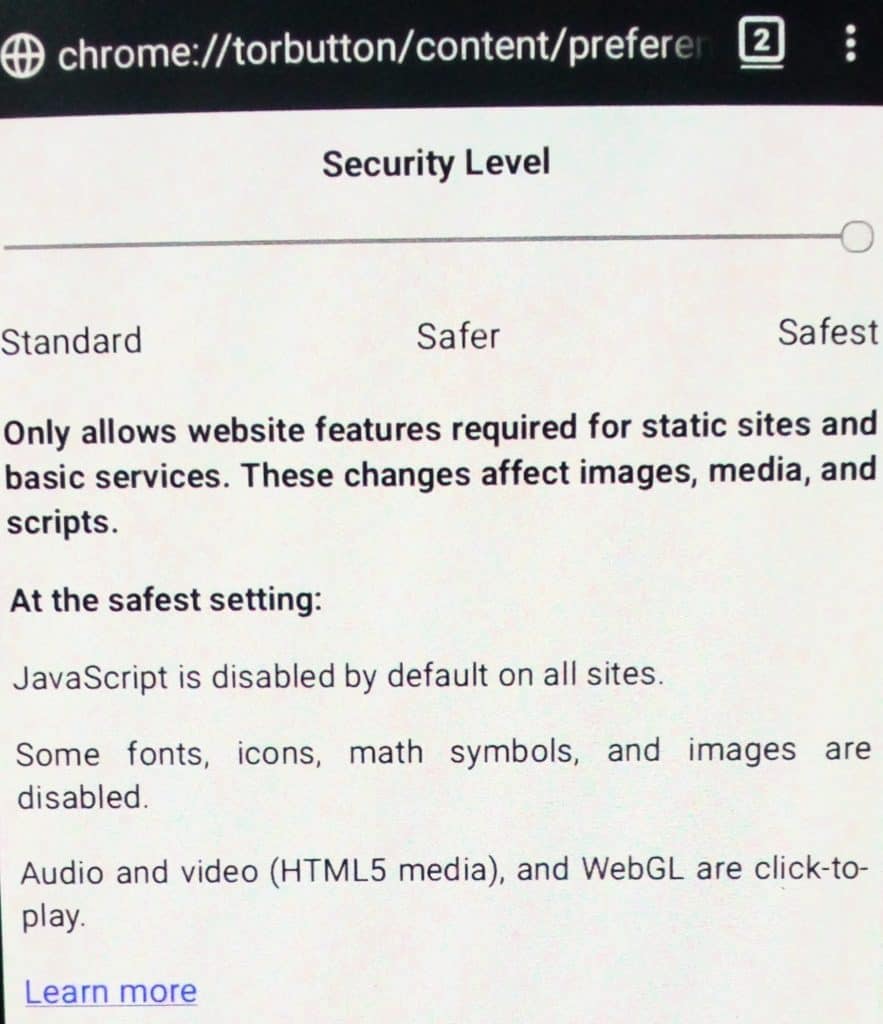 tor browser security level