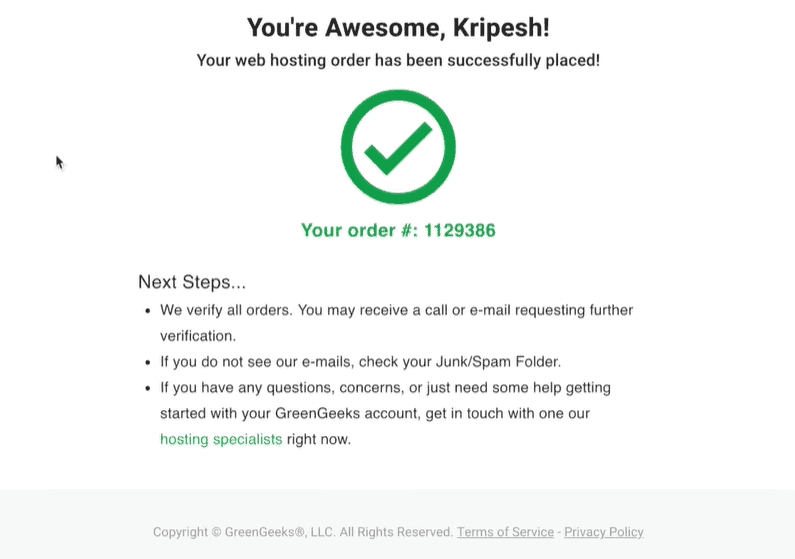 How to Buy Hosting from GreenGeeks (5 Important Steps) 6 4. confirmation message