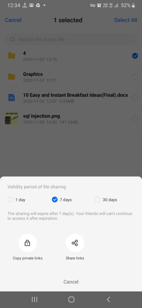 dubox sharing options