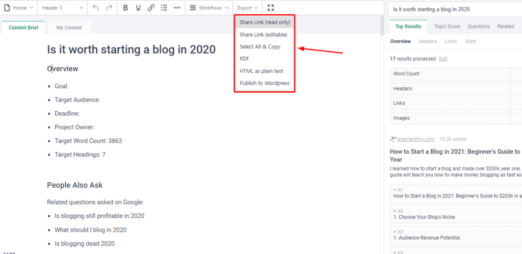 frase export content brief