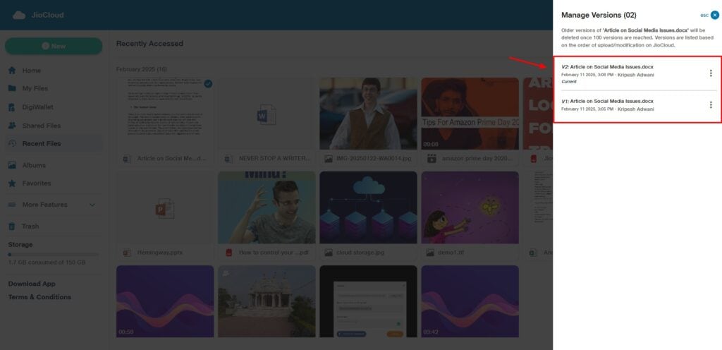 JioCloud Storage Review (2026) - How is This Indian Cloud Storage? 5 JioCloud - File versions