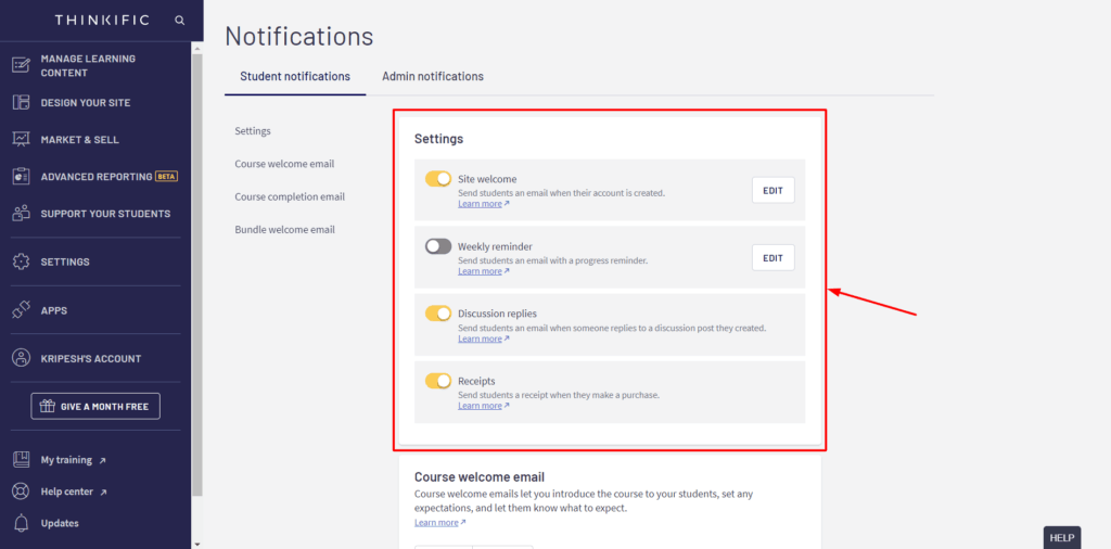 Thinkific notifications