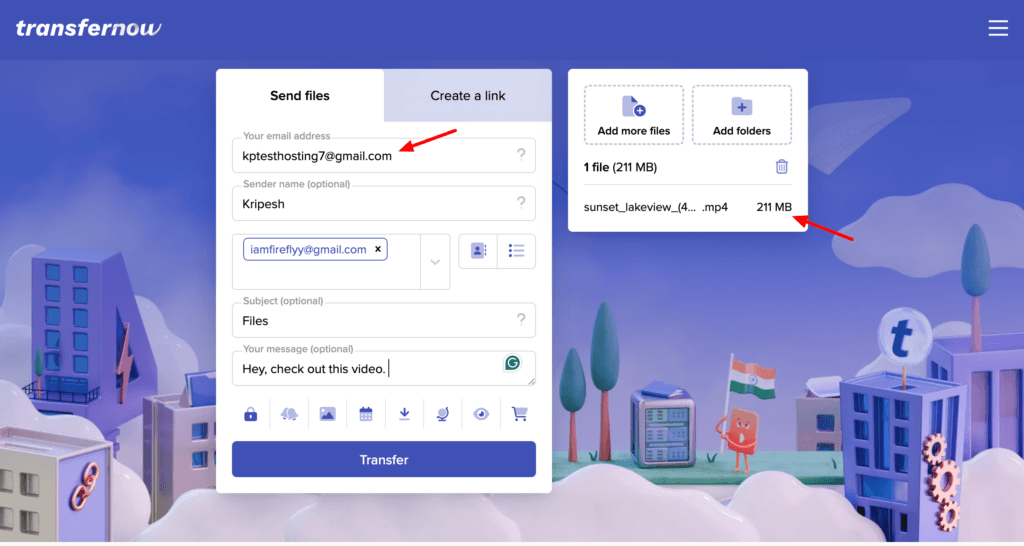 Transferring files through TransferNow
