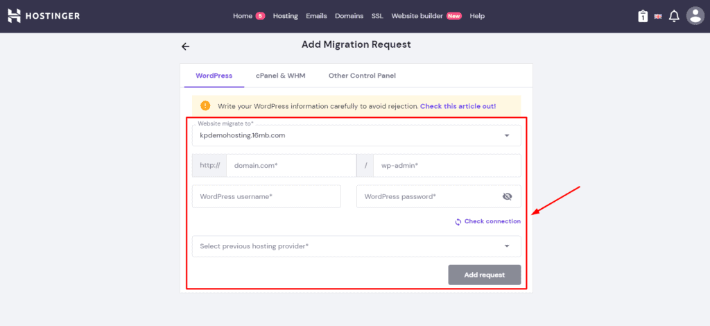 Hostinger free migration
