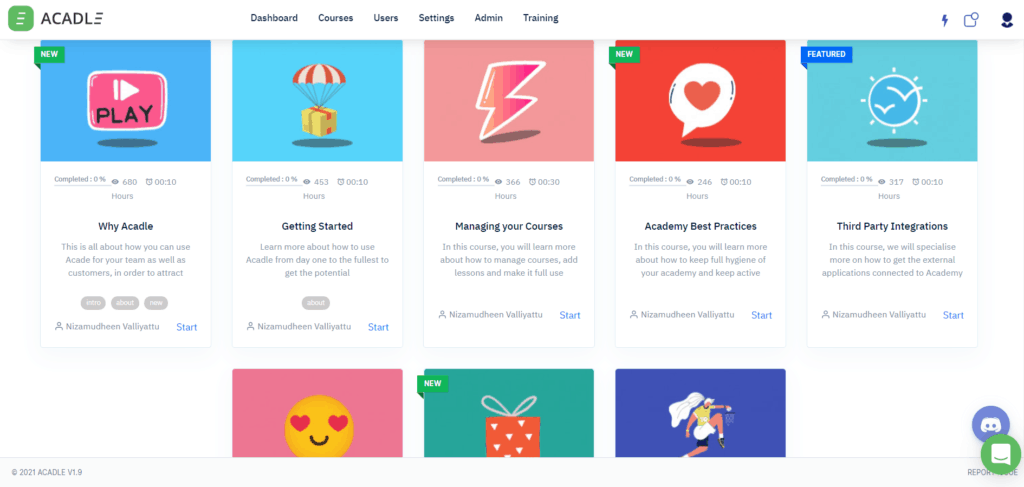 Acadle Training page