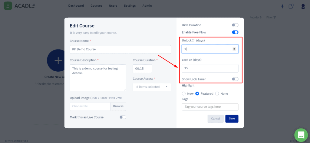 Acadle course lock timer