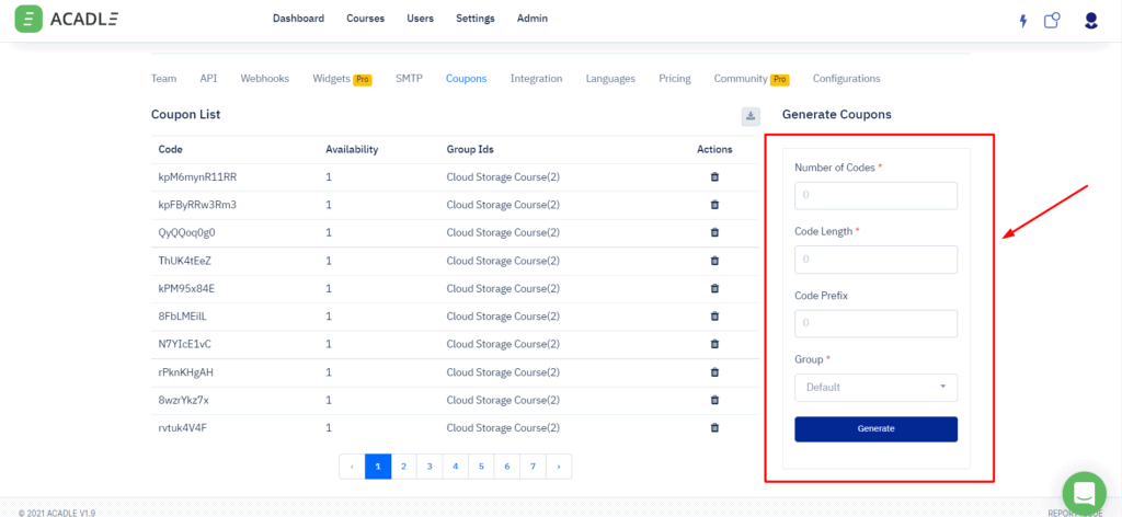 Bulk coupons in Acadle