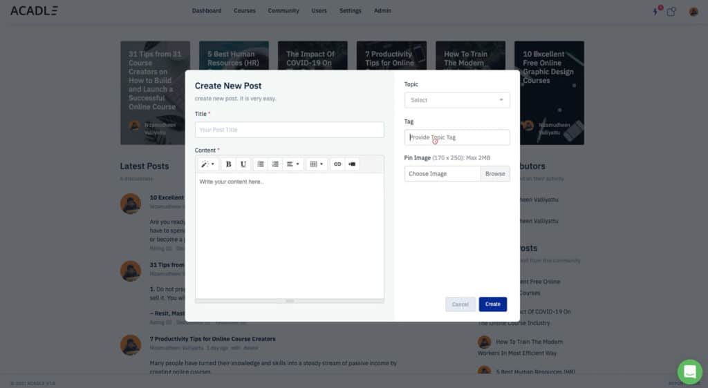Create new post in Acadle Community