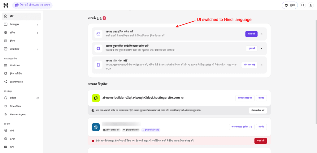 Hostinger UI language switch