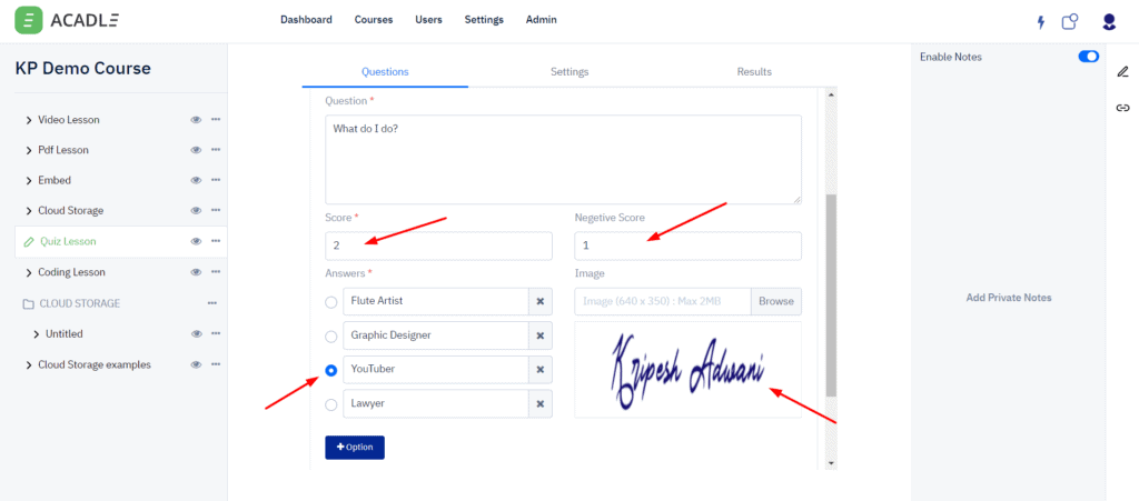 Quiz Lessons on Acadle