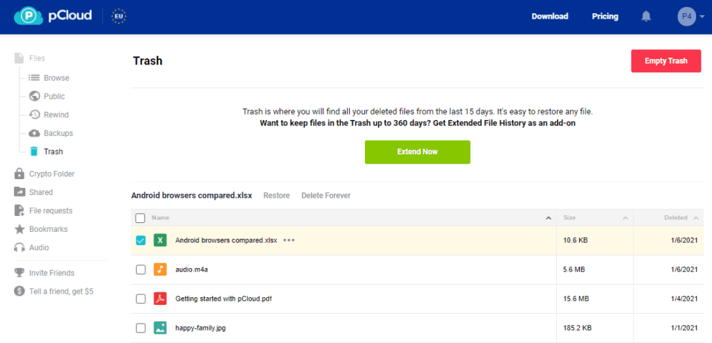 pcloud trash