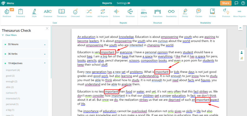 Repetitive words in ProWritingAid
