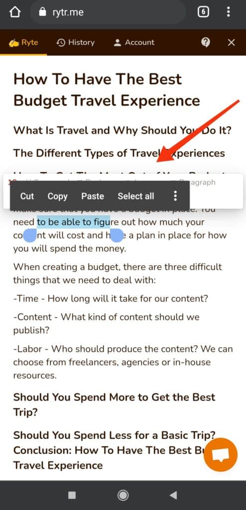 Rytr mobile interface