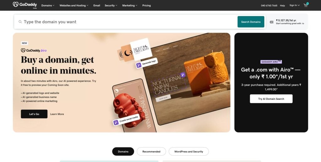 7 Best Domain Name Registrars in India (2026) - Buy Domain Name in India 19 GoDaddy homepage