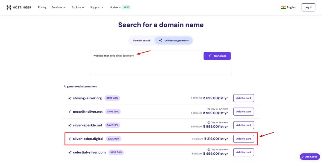 7 Best Domain Name Registrars in India (2026) - Buy Domain Name in India 7 Hostinger - AI domain generator