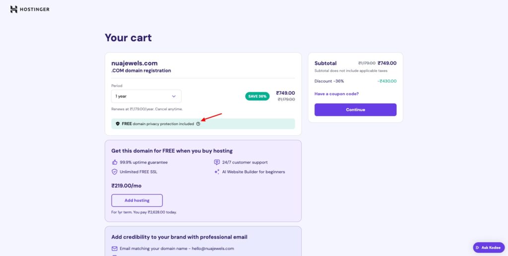 7 Best Domain Name Registrars in India (2026) - Buy Domain Name in India 6 Hostinger - free domain privacy