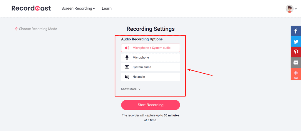 RecordCast Advanced audio Settings