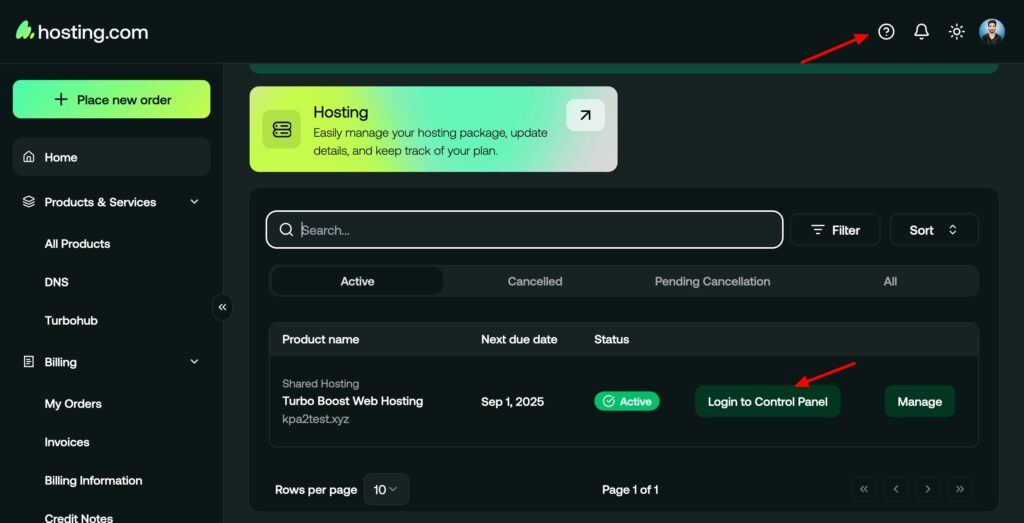 A2 Hosting - user interface
