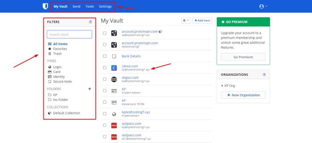 Bitwarden Web vault UI