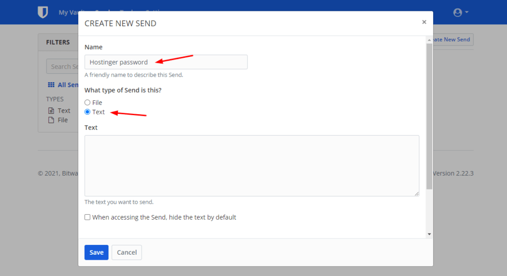 Bitwarden Send - How To Share Passwords Securely (2026) 4 Select name and type of Send