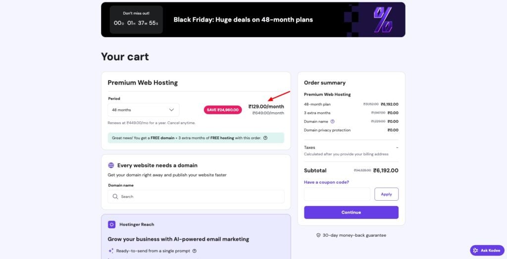 Hostinger - selecting black friday plan duration