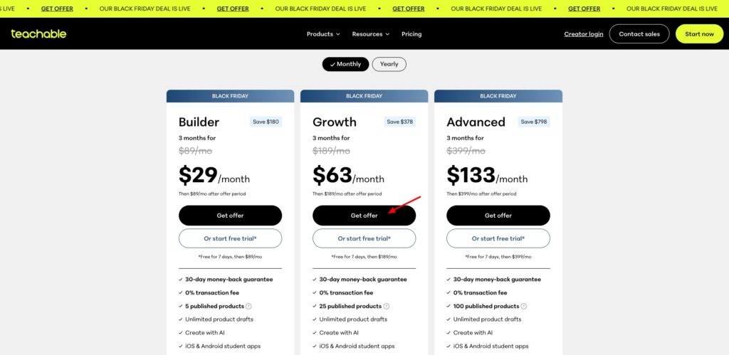 Teachable BF deal - choose plan