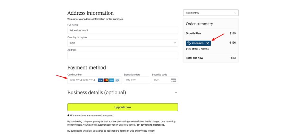 Teachable - checkout