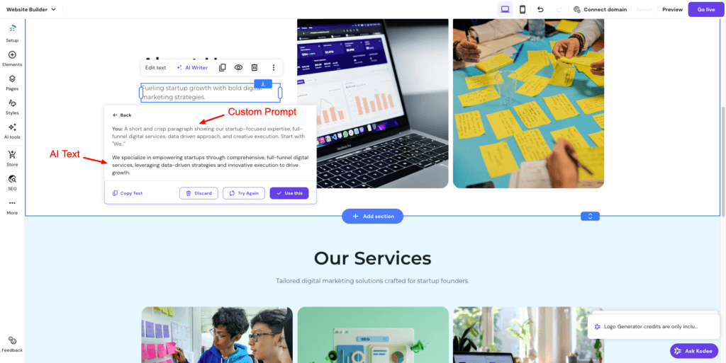 Hostinger AI website builder - AI Writer
