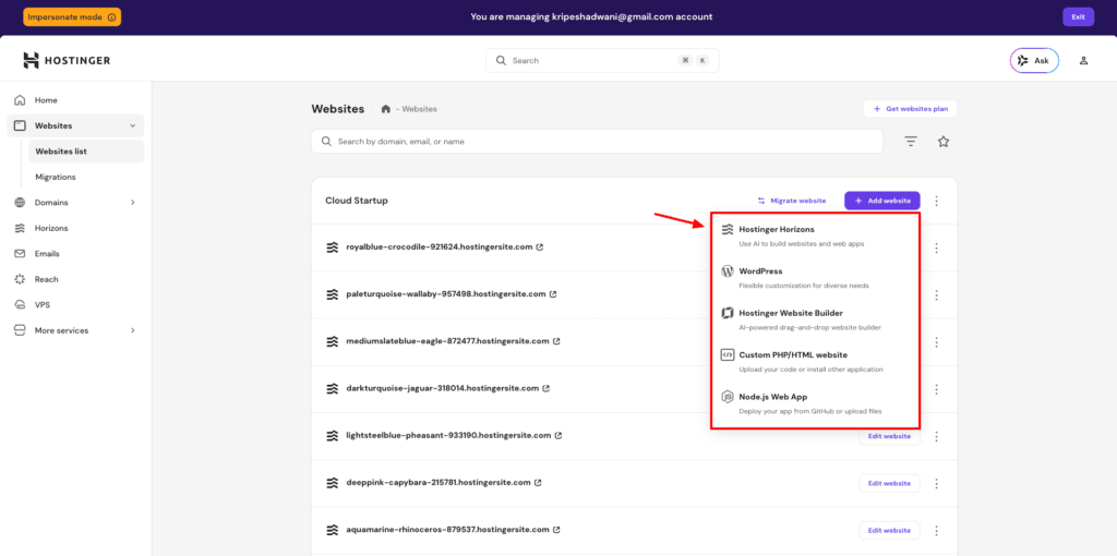 Hostinger Website Building Options

