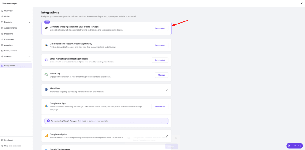 Hostinger eCommerce store - integrations
