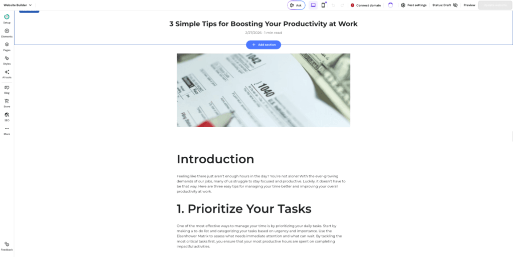 Hostinger website builder - AI-generated blog