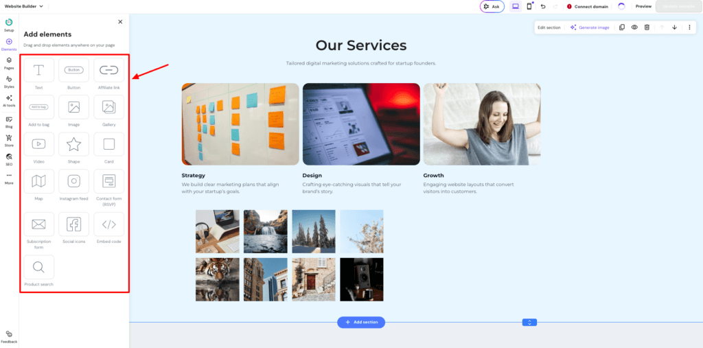 Hostinger website builder - Elements
