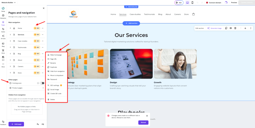 Hostinger website builder - pages and navigation
