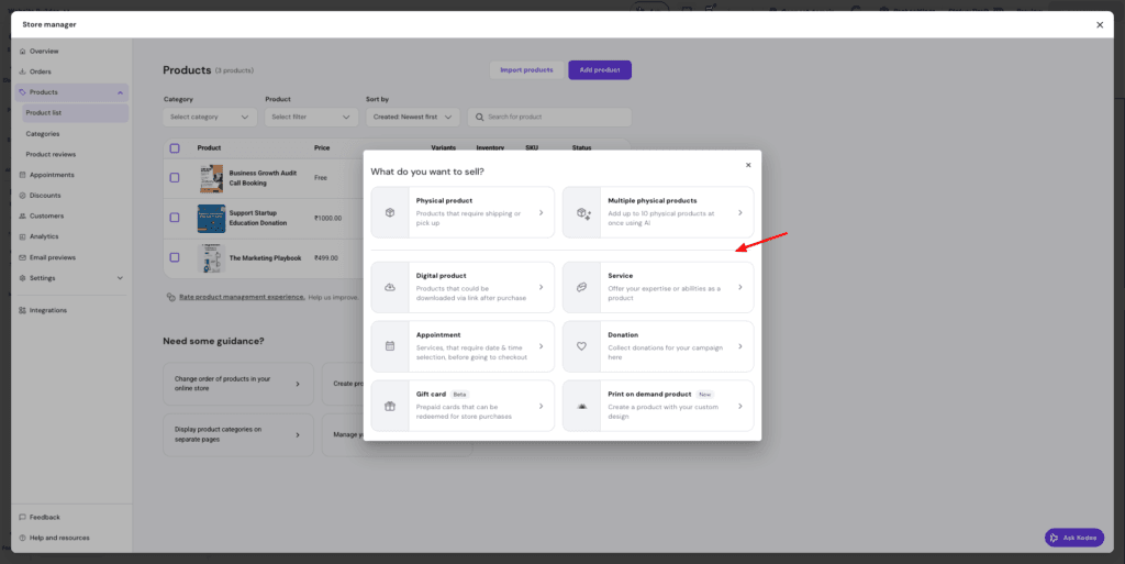 Hostinger website builder - product types
