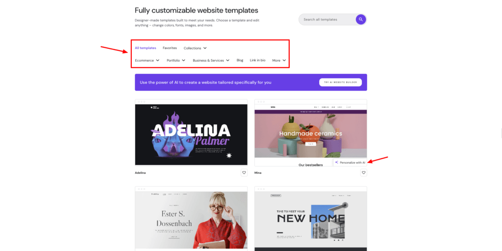 Hostinger website builder - templates
