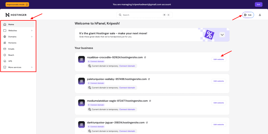 Hostinger website builder - user interface
