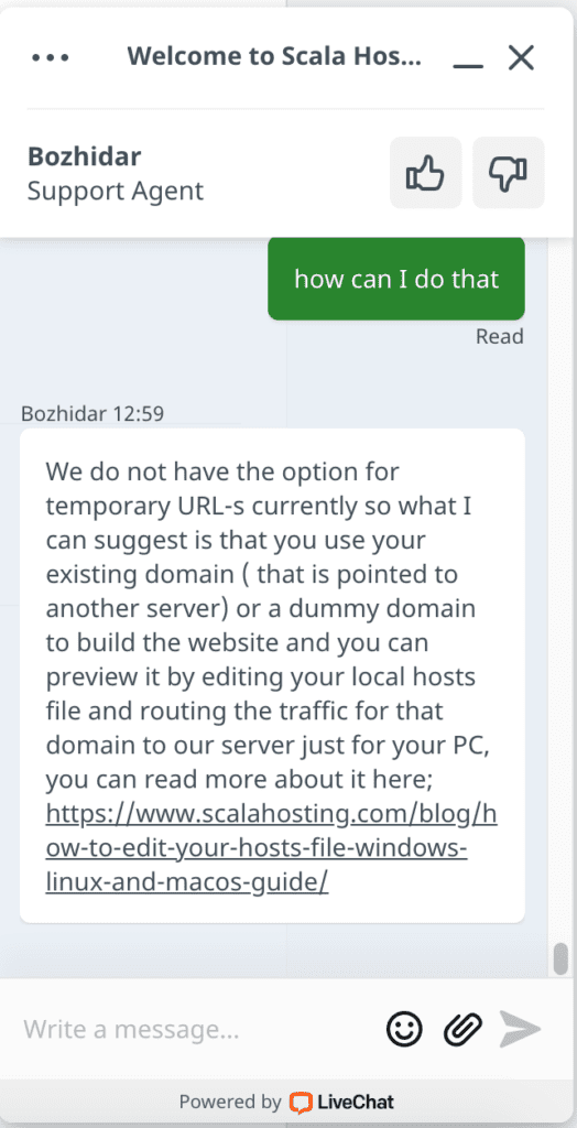 No temporary URL in Scala Hosting