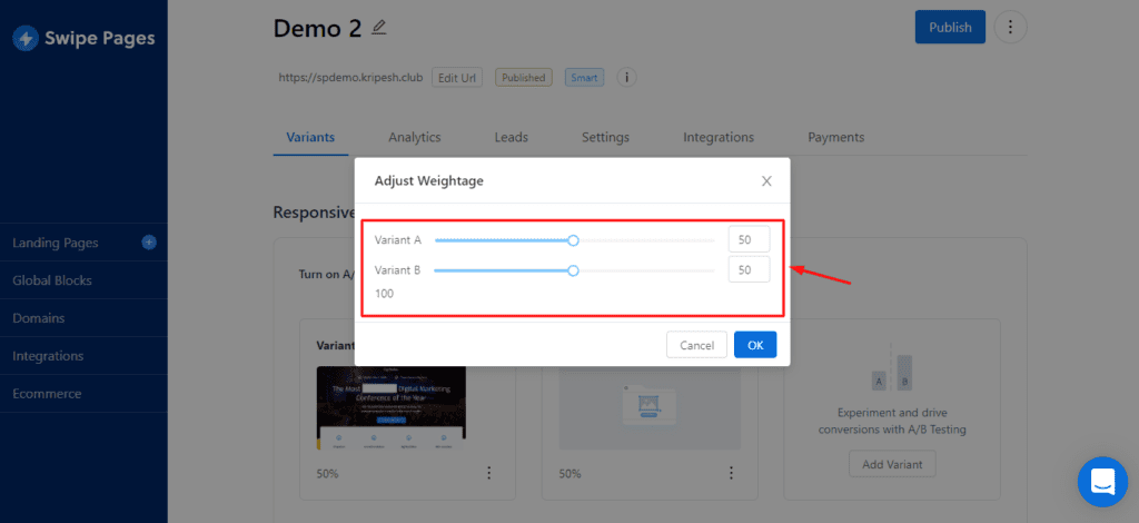 AB Testing in Swipe Pages