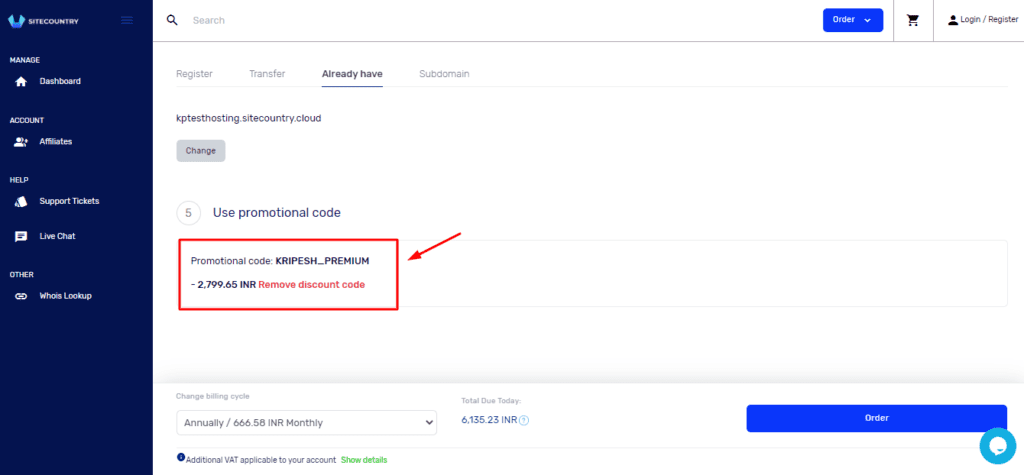 SiteCountry Coupon Code (2025) & Discounts 3 Adding coupon code on SiteCountey