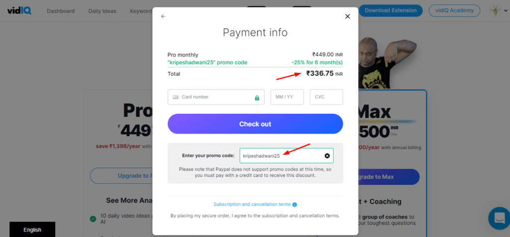 Applying promo code in VidIQ
