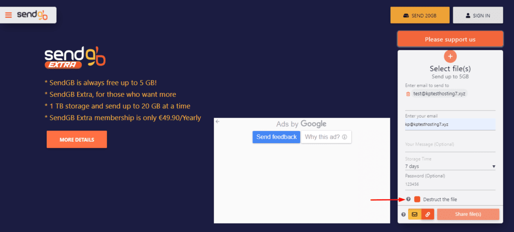 Auto destruct on SendGB