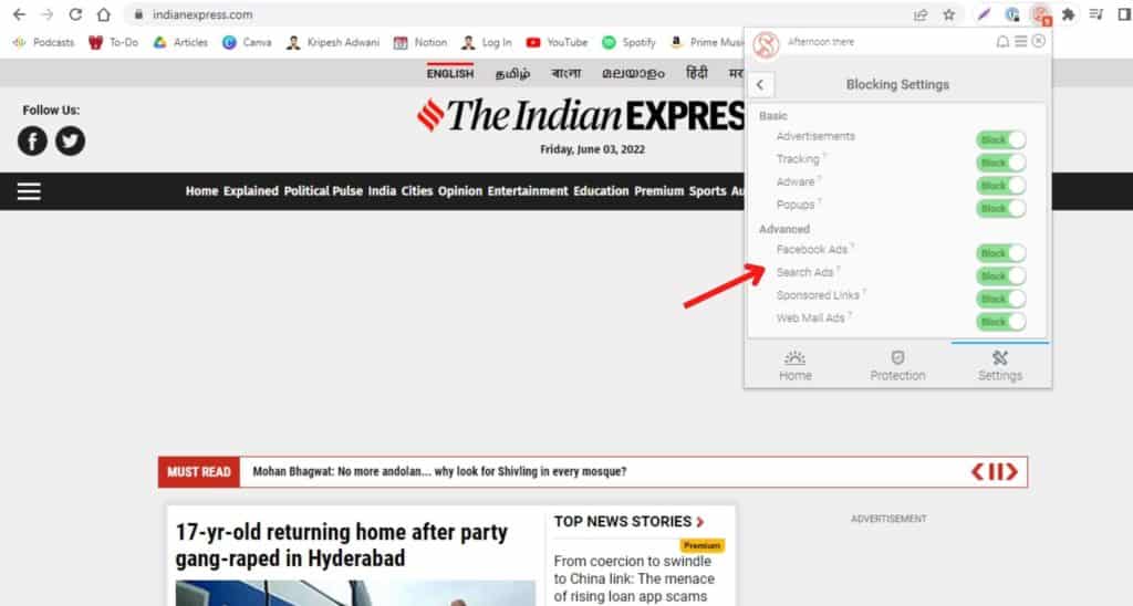 Blocking settings in Fair AdBlocker