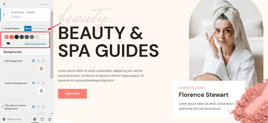 Kadence global palette