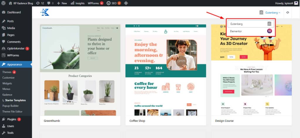 Kadence starter templates