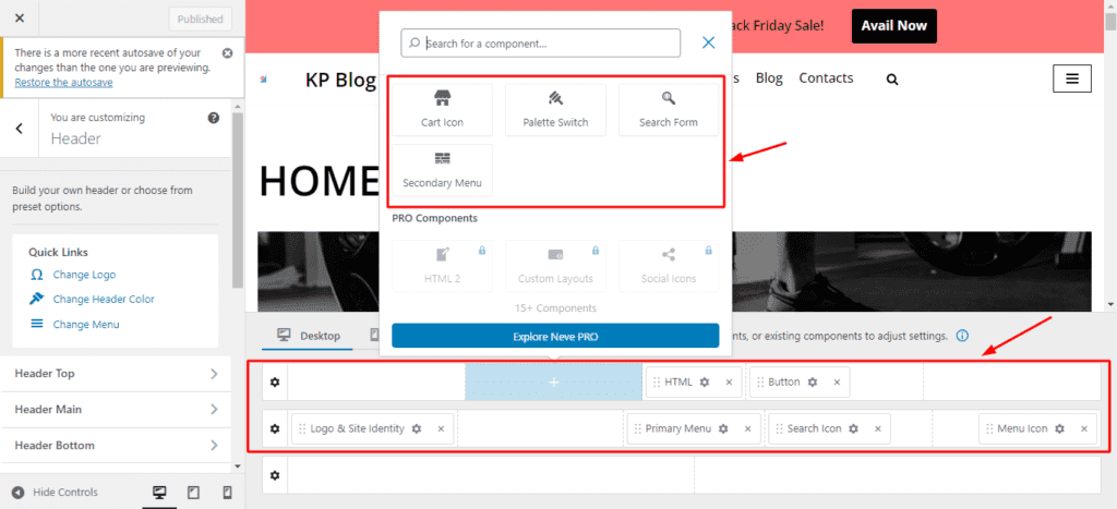 Neve Header and footer builder