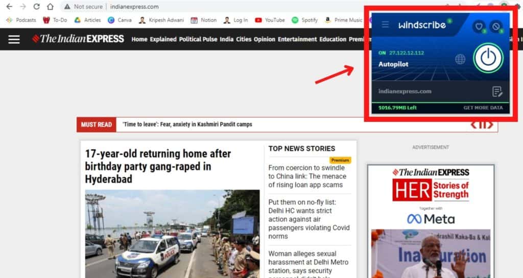 Windscribe proxy and ad blocker UI