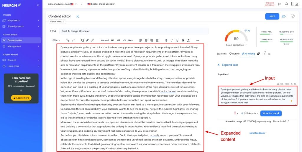 NeuronWriter AI expand tool