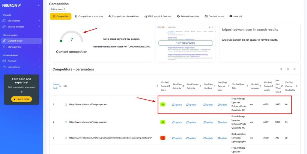 NeuronWriter Keyword difficulty and SEO score