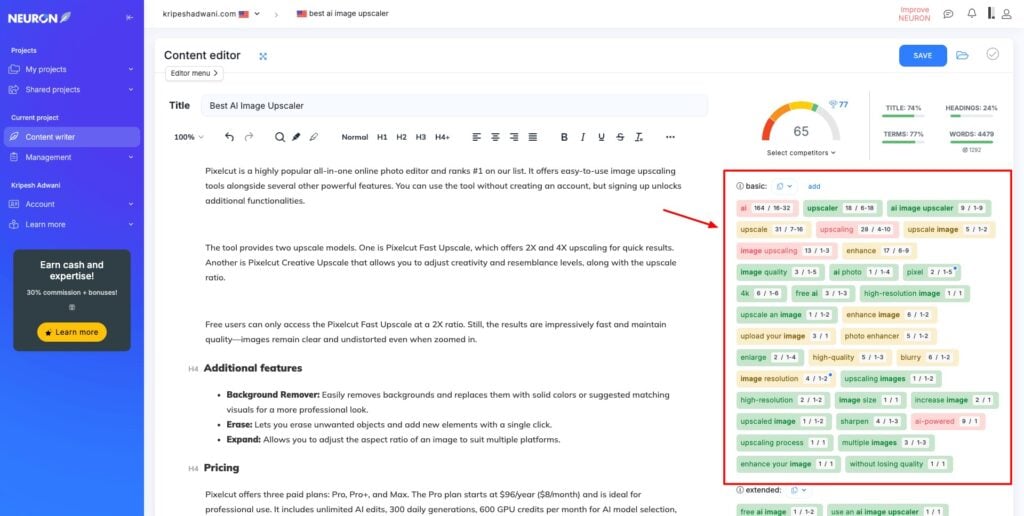 NeuronWriter NLP keywords