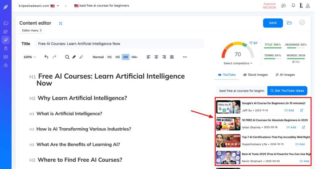 NeuronWriter Youtube ideas